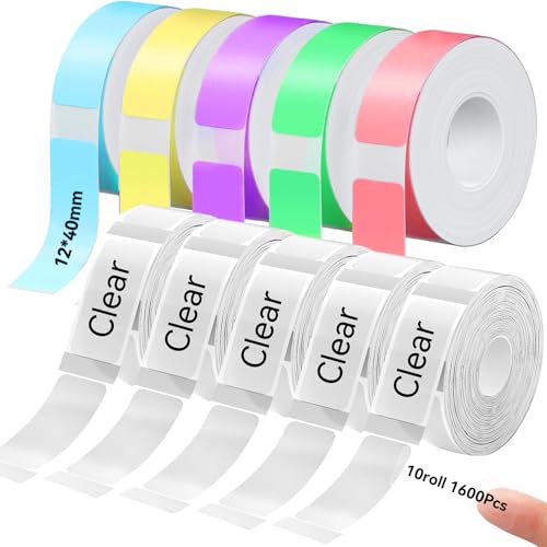 D30 P15 P11 Etikettenhersteller-Band, 12 x 40 mm Etikettendruckpapier, Standard-laminiertes Büro-Etikettierband für Schule, 1650 Bänder/10Rolle, 5 Rollen Farbe, 5 Rollen Transparent von EEBBL