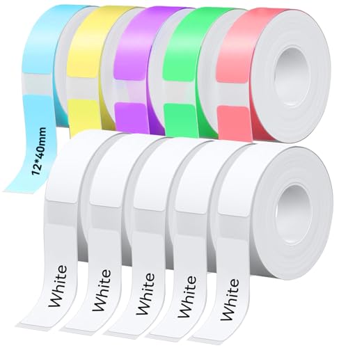 D30 P15 P11 Etikettenhersteller-Band, 12 x 40 mm Etikettendruckpapier, Standard-laminiertes Büro-Etikettierband für Schule, 1650 Bänder/6Rolle, 5 Rollen Farbe, 5 Rollen Weiß von EEBBL