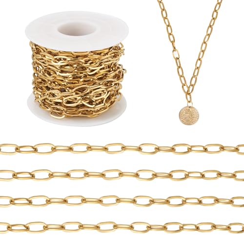 Elecrelive Büroklammerketten, 10 x 5 mm, 18 Karat Gold, Edelstahl, flache Büroklammer-Gliederkette mit Biegeringen, Karabinerverschlüssen für Armbänder, Schmuck, Bastelarbeiten, 10 x 5 mm von EEE ELECRELIVE