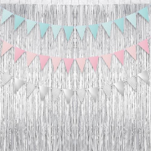 EEEKit 20 m Folien-Fransen-Lametta-Vorhang, Luftschlangen, Hintergrund und 36 Stück dreieckige blau/rosa/silberne Flaggen-Wimpelkette, Banner-Kit von EEEKit