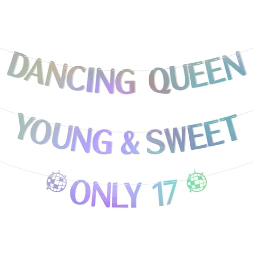 Partydekoration zum 17. Geburtstag mit blauem Fransenhintergrund, "Dancing Queen Young & Sweet Only 43.2 cm, Happy Dancing Queen, Partyzubehör, holografisch von EEPIRR