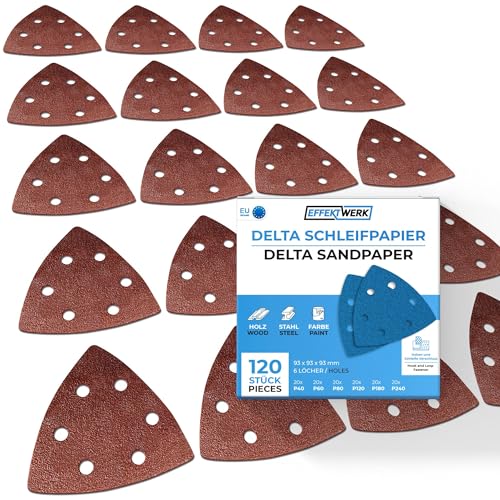 EffektWerk Delta-Schleifpapiere (120er-Pack, 6 Löcher), 93 x 93 x 93 mm dreieckige Schleifpads für Mausschleifer, mehrere Körnungen (40, 60, 80, 120, 180, 240) von EFFEKTWERK