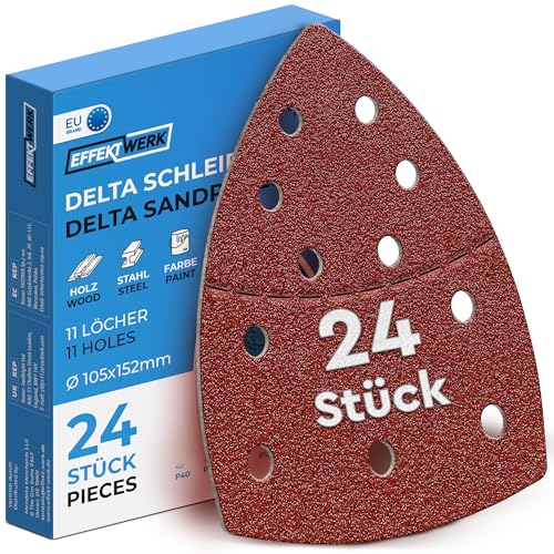 EffektWerk Delta-Schleifpapiere (24er-Pack, 11 Löcher), 105 x 152 mm, dreieckige Schleifpads für Mausschleifer, mehrere Körnungen (40, 60, 80, 120, 180, 240) von EFFEKTWERK