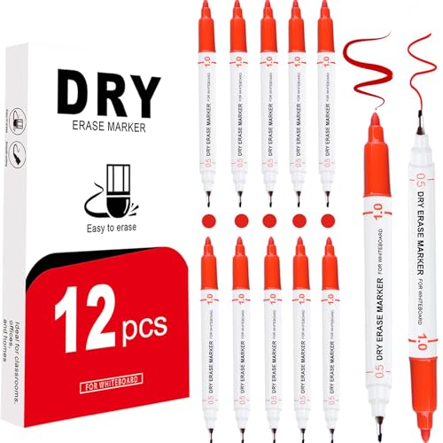 EFNHJF5 12 Stück Whiteboard Marker,whiteboard marker dünn 0.5 mm,Dual-Tip-whiteboard stifte Rot,folienstift abwischbar für Schule, Büro und Zuhause (Rot) von EFNHJF5