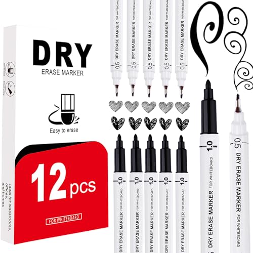 EFNHJF5 12 Stück Whiteboard Marker,Whiteboard Marker Dünn 0.5-1.0 mm,Dual-Tip-whiteboard Stifte Schwarz,Dry Erase Marker,Folienstift abwischbar für Schule, Büro und Zuhause von EFNHJF5