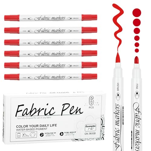 EFNHJF5 6 Stück Rot Textilstifte Waschmaschinenfest，Dual-Tip-Stoffmarker Permanent,stoff stifte waschfestTextilmarker,Ungiftige Stoffmalstifte von EFNHJF5