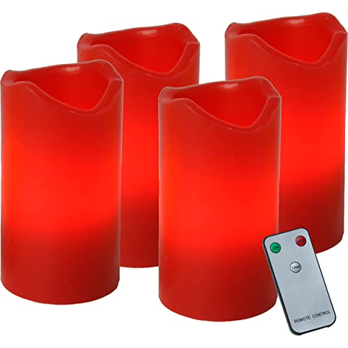 EGLO 4er Set flackernde LED Kerzen, künstliche Stumpenkerzen flammenlos mit Timer-Funktion und Fernbedienung, batteriebetriebene Wachskerzen aus Echtwachs in Rot, warmweiß, 10 cm von EGLO