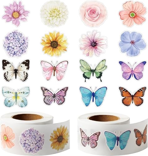 EGuangwiua 1000 Stück Assorted Schmetterling Blume Aufkleber - Multicolor, Floral, Aufkleber, Papierrein, Indoor, für Schmetterling Blume Natur oder Garten Stil Liebhaber von EGuangwiua