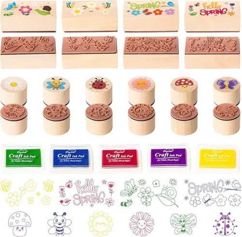 EGuangwiua 15-teiliges Weihnachts-Holz-Gummistempelset Bastelmaterial Kinder Tier-Blumen-Stempel farbige Stempelkissen Weihnachts-Geburtstagsgeschenke Klassenzimmerkarten Scrapbooking-Werkzeuge von EGuangwiua