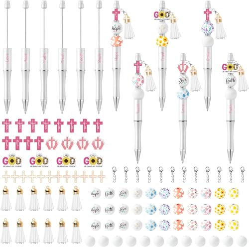 EGuangwiua 175Stück Religiös Inspirational Kugelschreiber Kugelschreiber Satz für Kinder Hoffnung Glaube Liebe Holz Perle Kreuz Anhänger Kristall Abstandshalter Perle Sonntag Schule Zubehör von EGuangwiua
