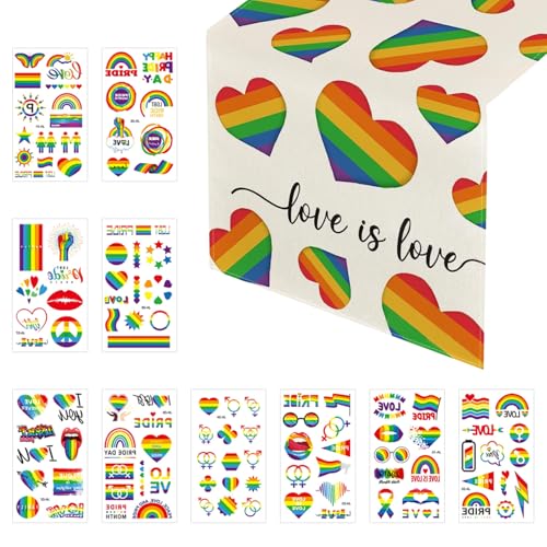 1 Herz-Regenbogen-Tischdecke, 10 Regenbogen-Gesichtsaufkleber, Pride-Party-Tischdecke, Bunt Gestreifter Tischläufer, Langer Tischläufer, Party-Tischdekoration von EHDWXVZM