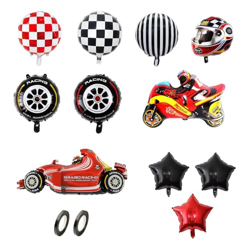 11 Stück Geburtstags-Racing-Dekorationsballons, 2 Rollen Ballonbänder, Racing-Aluminiumfolienballons, Helmballons, Party-Foto-Requisiten von EHDWXVZM