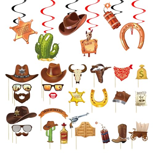 25 Stück Western-Cowboy-Foto-Requisiten, 6 Stück Spiraldekorationen, Cowboy-Party-Dekorationen, Wild-West-Party-Dekorationen, Cowboy-Party-Dekorationen von EHDWXVZM