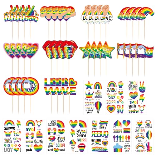 EHDWXVZM 40 Regenbogen-Kucheneinsätze, 10 Regenbogen-Tattoo-Aufkleber, Kuchendekorations-Zahnstocher, Party-Dekorationszubehör, Cocktail-Geschirr von EHDWXVZM