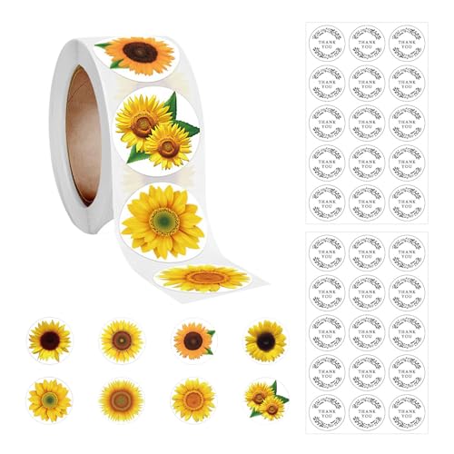 500 Stück Sonnenblumenaufkleber Und 30 Stück Etikettenaufkleber, Blumenaufkleber, Umschlagaufkleber, Kartenaufkleber, Dekorative Aufkleber, Wasserfeste Aufkleber, Geschenkverpackungsaufkleber von EHDWXVZM