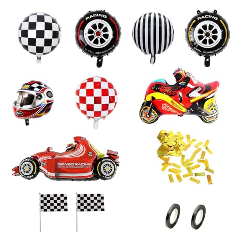 8 Stück Ballons Zum Thema Rennsport, 2 Stück Handschwenkende Flaggen, 20 G Konfetti, 2 Rollen Ballonbänder, Dekorationen Für Rennpartys, Rennballons Aus Aluminiumfolie von EHDWXVZM