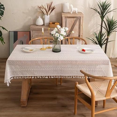 EHOMERY Tischdecke Muster Leinenoptik Tischschoner Unterlage Wasserdicht Rund Hohl Häkeln Tischdecke Pflegeleicht Bügelfrei Table Cloth Dinner Weiß Tischschutz Dekoration 150X250Cm von EHOMERY