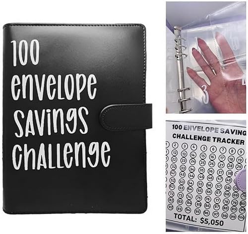 100 Envelope Challenge Binder Kit Herausforderungsordner mit 100 Umschlägen Money Saving Challenges Book Wasserdicht Budgetordner von 5.050 für Schuldenersatz Urlaub Geburtstag (Schwarz-2) von EHOTER