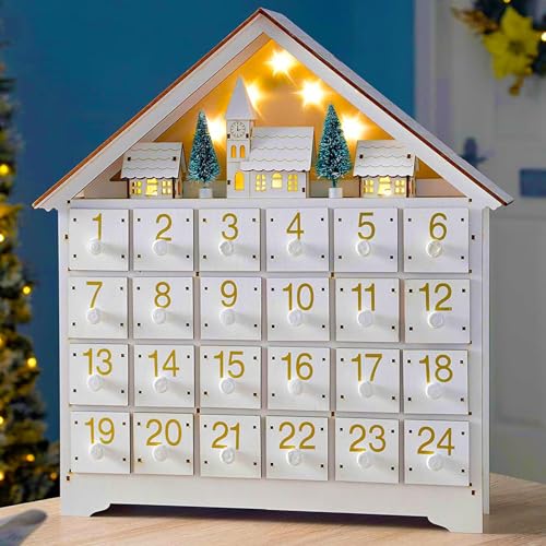 Adventskalender aus Holz, Wiederverwendbarer leerer DIY Weihnachtskalender mit 24 Schubladen, Einzigartige LED Weihnachtsschmuck für Weihnachtsdekorationen (Keine Batterie) von EHOTER