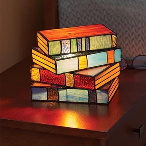 EHOTER Stained Glass Stacked Books Lamp Handgefertigte Buntglas Gestapelt Buchlampen Vintage Leselicht Dekorative Tischlampe Kreative Nachttischlampe für Haus Büro Dekoration Weihnachtsgeschenk von EHOTER