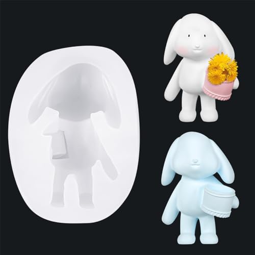 Ostern Kaninchen Silikonform 3D Osterhase Kerzenformen Seifenform Kuchen Deko Ostern Form DIY Dekoration Hase Halten Blumentopf Backform für Tortendeko Seife Geschenke (1 Stk) von EHOTER