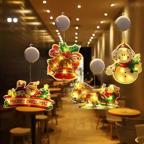 Saugnapf Weihnachten Lichter LED Fensterlicht Batteriebetriebene Weihnachtsbeleuchtung Niedliche Hängende Leuchte für Innen Außen Weihnachtsfeier Weihnachtsbaum Fenster Deko Kinder Geschenk (4PCS) von EHOTER