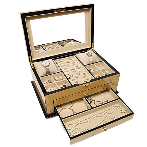 EHVYBDX Luxuriöse Schmuckschatulle aus massivem Holz, Klavierfarbe, Damen-Schmuck-Organizer, Holzmaserung, Farbe, Schmuckschatulle, tragbare Reise-Schmuckschatulle für Ohrringe, Armbänder, Ringe von EHVYBDX