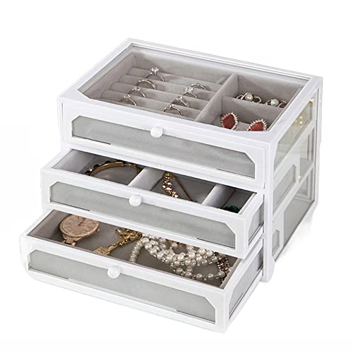 EHVYBDX Schmuck-Organizer, 3 Schubladen, transparentes gehärtetes Glas, Schmuckschatulle, Geschenk für Damen, Herren, kleines Mädchen, stapelbar, Samt, Ohrringhalter für Ohrringe, Ringe, Armbänder, von EHVYBDX