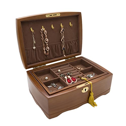 EHVYBDX Schmuck-Organizer, Schmuckkästchen, Schmuckschatulle für Damen und Mädchen, 2-stöckig, rustikale Holz-Schmuck-Organizer-Box zur Aufbewahrung von Ohrringen, Ringen, Schmuck von EHVYBDX