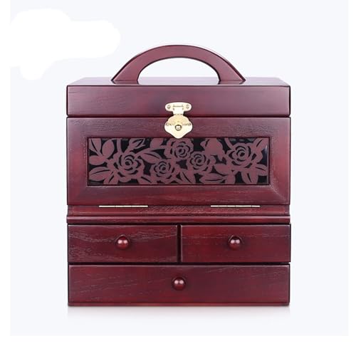 EHVYBDX Schmuckschatulle mit Spiegel, große Kapazität, Retro-Schmuckschatulle aus Massivholz für Damen, Schreibtisch-Schmuck-Organizer-Box von EHVYBDX