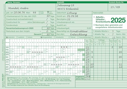 20 Formulare zur Erfassung von Arbeits-, Urlaubs- und Krankenzeiten für das Jahr 2025 von EICHNER ORGANISATIONS SYSTEME
