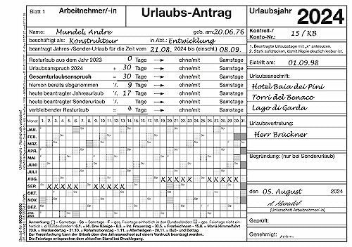 Formular Urlaubsantrag 2024 für die betriebliche Urlaubsplanung, DIN A5, 2-fach, VE 1 Block von Liakai