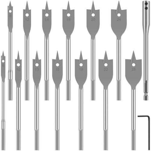 15-teiliges Spatenbohrer-Set, 6 mm–25 mm Karbonstahl-Paddel-Flachbohrer-Set mit Verbindungsstange und Schraubenschlüssel, hohe Härte, Holzloch von EIENQBVL