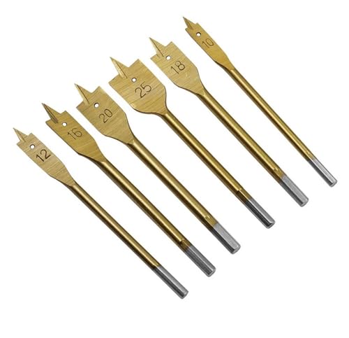 Spatenbohrer-Set, 6-teilig, 10–25 mm Durchmesser, Kohlenstoffstahl, flacher Holzbohrer, dreispitziges Holzbearbeitungs-Flachbohrer-Set mit Sechskantgriff, Bohrer-Lochöffner(Titanium-plated 6pcs) von EIENQBVL