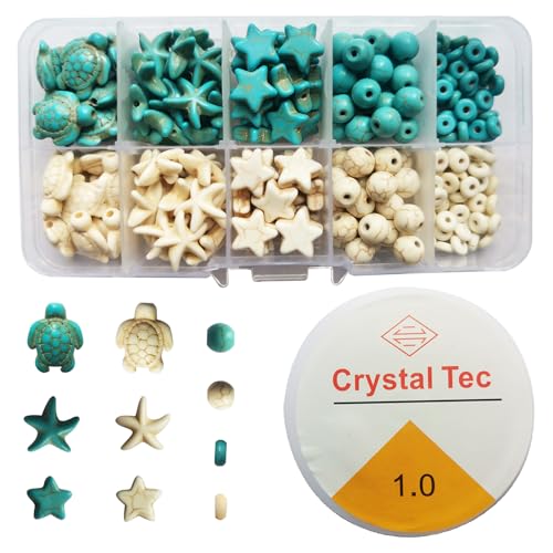 EIFOCWCY 250pcs Perlen Für Armbänder Kinder, Beads Jewelry Making Kit for Girls 8-12, Schildkröte Seesterne Stern Runde Perlen Mix Synthetische Türkis Perlen für Schmuck Herstellung Halskette Armband von EIFOCWCY