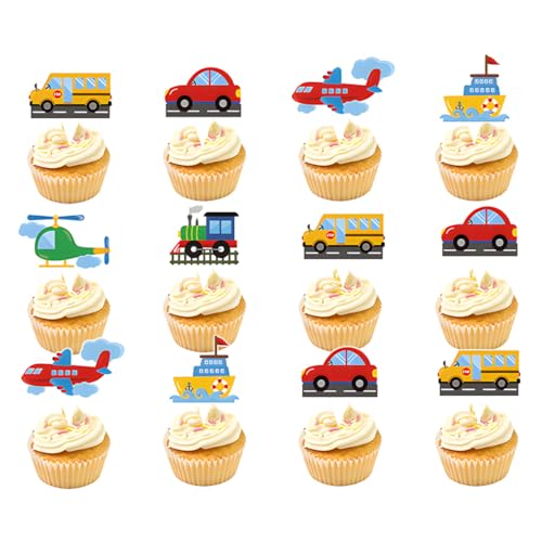 EIHI Tortendeko Junge, Auto Tortendeko,Happy Birthday Cake Topper,Truck Geburtstag Kuchen Deko Junge,Truck Auto Muffin Deko,LKW Cupcake Topper für Kinder Geburtstag Zubehör, 24 Stück von EIHI