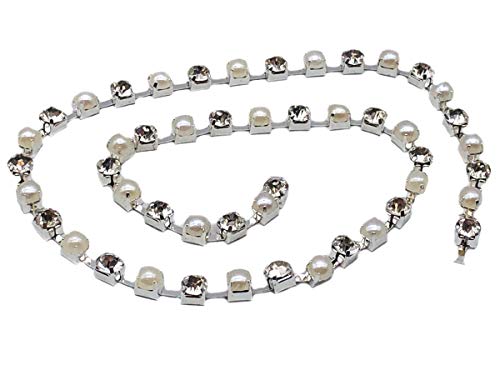 EIMASS® Strass-Kette, für Schmuck, Einnähen oder mit Klebstoff anbringen, Pearl & Clear in Silver Casing, Breite 4 mm x Länge 1 m von EIMASS