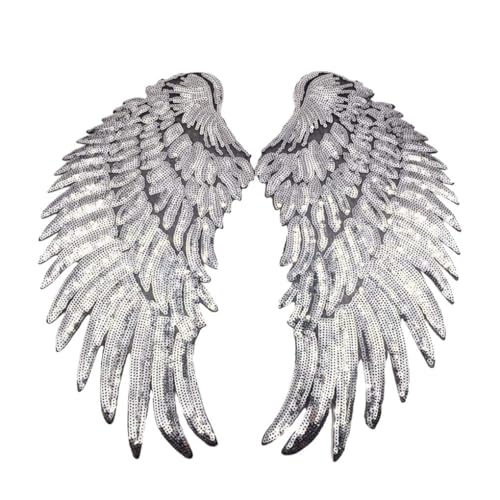 EIOLWJIEO Einzigartige und stilvolle große Glitzer Flügel Aufnäher für Kleidung, bestickter Motivbesatz für Kleidung, Pailletten Flügel Applikationen, Silber von EIOLWJIEO