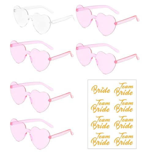 Partybrille Herz Sonnenbrille,6 Bride to Be Herz Sonnenbrille und 13 Team Bride Tattoo Aufkleber,Party Sonnenbrille Team Bride,Hippie Herzförmige Brille,JGA Partybrillen und JGA Deko Accessoires von EIROVYA