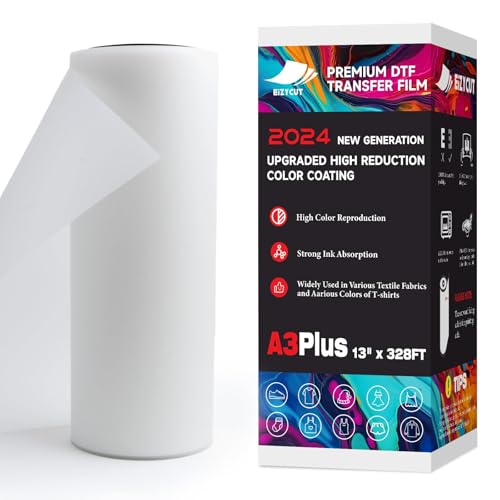 EIZYCUT DTF Transferfolienrolle, 33 cm x 100 m, A3 Plus Premium DTF Filmrolle, doppelseitig, matt, PET-Wärmeübertragung, DTF-Papierrolle für alle dunklen Stoffe, Textilien und Farben, T-Shirts EIZYCUT DTF Transferfolienrolle, 33 cm x 100 m, A3 Plus Premium DTF Filmrolle, doppelseitig, matt, PET-Wärmeübertragung, DTF-Papierrolle für alle dunklen Stoffe, Textilien und Farben, T-Shirts von EIZYCUT