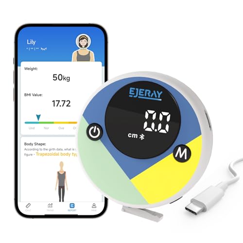 EJERAY Smart Körpermaßband, Bluetooth Körperfett Maßband mit App, Maßband Körpermaße von Bizeps, Brust, Hüfte, Waden, Oberschenkel und Nacken, Fitness Maßband, 60in/150cm von EJERAY