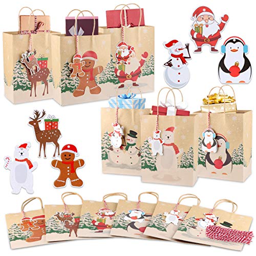 24 Stück Weihnachts Taschen, Großvolumige Geschenktüten, Exquisite Papiertüte mit Griff, Kraftpapier-Bonbontüte mit 24 Weihnachtsetiketten und 24 Roten Seilen, Weihnachtsfeierdekoration von EKKONG