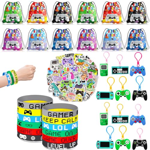 86 Stück Videospiel Party Mitgebsel Kindergeburtstag Gastgeschenke Pinata Füllung Give Aways Kindergeburtstag Jungen12 Kordelzugbeutel 12 Videospiel Schlüsselanhänger 12 Silikon Armband 50 Aufkleber von EKKONG