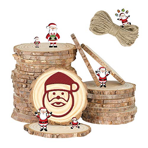 EKKONG Holzscheiben 30 Stücke Holz Log Scheiben Runde 7-8cm Natur und 10 m Nnatürliche Jute Seil für DIY Handwerk Holz-Scheiben Hochzeit Mittelstücke Weihnachten Dekoration Baumscheibe von EKKONG