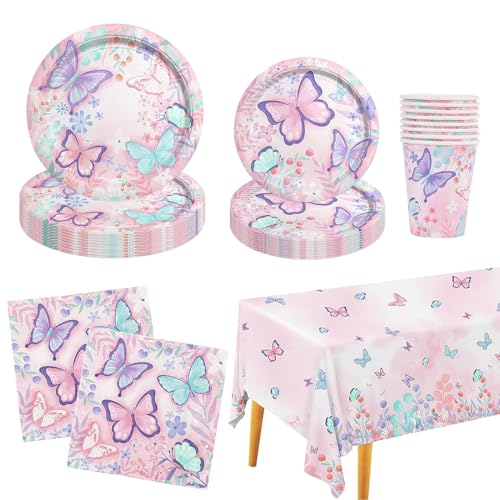 EKKONG Schmetterling Partygeschirr 51 Stück Schmetterlinge Pappteller Kindergeburtstag Set für Jubiläum Geburtstag Picknick-7''/9''Pappteller, Servietten, Tischdecke, Pappbecher von EKKONG