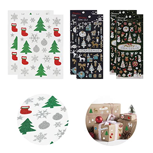 EKKONG Weihnachtsstickers Glitzer Weihnachten Stickers Geschenk Aufkleber 3d Weihnachtssticker 6 Bogen Selbstklebende für Geschenk Verpackung, Weihnachtliche Bastelarbeiten, Scrapbooking von EKKONG