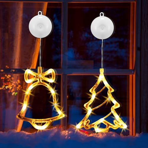 Weihnachtsbeleuchtung Fenster 2 Stück Fensterbeleuchtung Weihnachten mit Saugnäpfe LED Warmweiß Fensterlicht Weihnachts Glocken Weihnachtsbaum Weihnachtsfensterbeleuchtung für Innen Außen Balkon von EKKONG