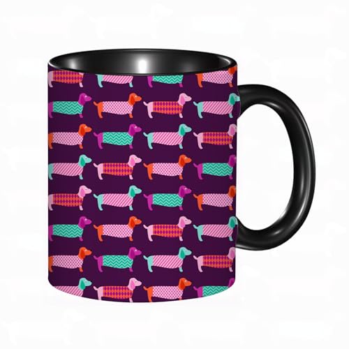 EKLMPS Becher aus Keramik, Ideal als Geschenk, Hochwertiger Aufdruck, Tasse mit Motiv, Tee Becher, Coffee Cup, 330ml,Dackel, Sechziger inspirierte Farbpalette mit Abstrakt von EKLMPS