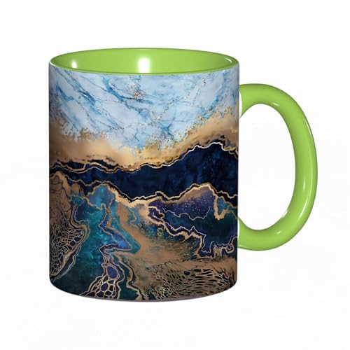 EKLMPS Becher aus Keramik, Ideal als Geschenk, Hochwertiger Aufdruck, Tasse mit Motiv, Tee Becher, Coffee Cup, 330ml,Epoxidharz-Malerei, Kunstharz, moderne Kunst, ungewöhnliche Textur, blau-weiß-golde von EKLMPS