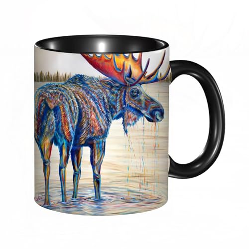 EKLMPS Becher aus Keramik, Ideal als Geschenk, Hochwertiger Aufdruck, Tasse mit Motiv, Tee Becher, Coffee Cup, 330ml,Wunderschönes Elchbullenbild im See. Mit Acrylfarben gemaltes Bild. von EKLMPS